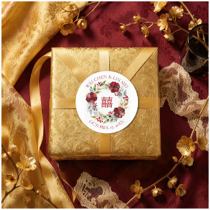 Pegatina Redonda Glam Elegant Floral Chinese Double Happiness 