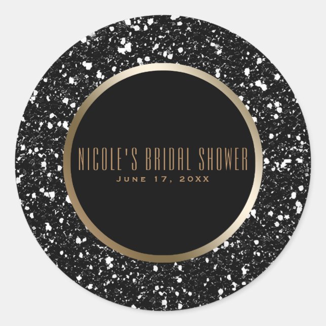 Pegatina Redonda Glam Elegant Wedding Favor de oro y Purpurina negr (Anverso)