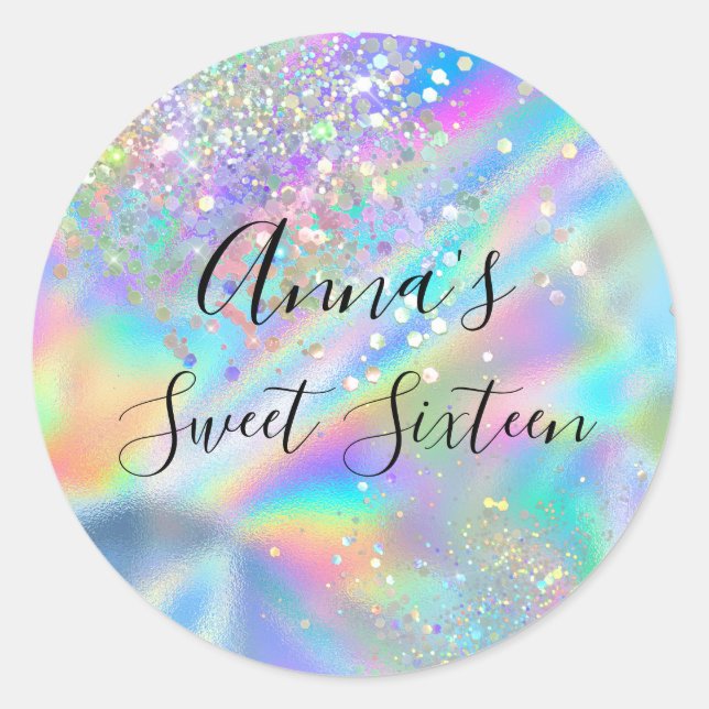 Pegatina Redonda Glam Faux Holographic Rainbow Sweet 16 (Anverso)