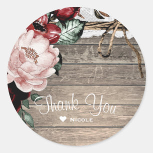 Pegatina Redonda Glam Floral Rustic Wood & Lace Barn Boda