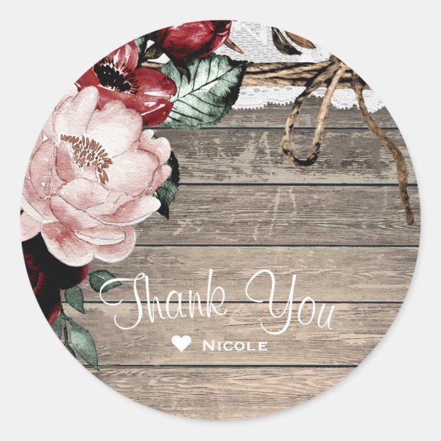 Pegatina Redonda Glam Floral Rustic Wood & Lace Barn Boda (Anverso)