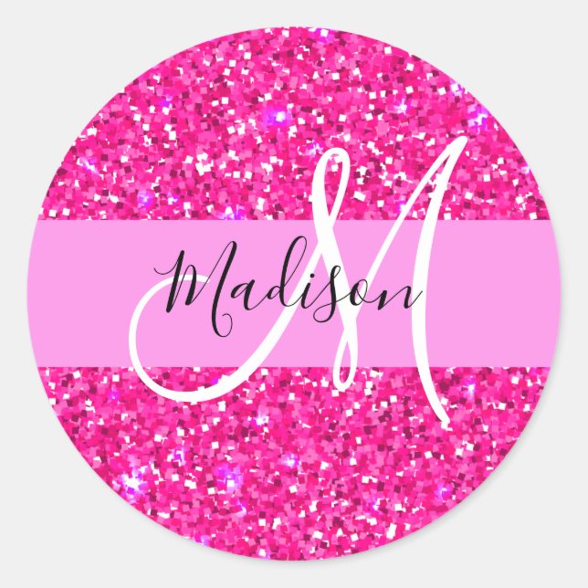 Pegatina Redonda Glam Girly Purpurina rosado caliente Sparkles Nomb (Anverso)