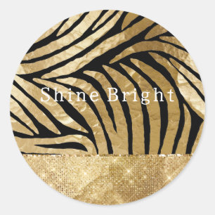 Pegatina Redonda Glam Gold Black Zebra Animal Glitzy Sparkle