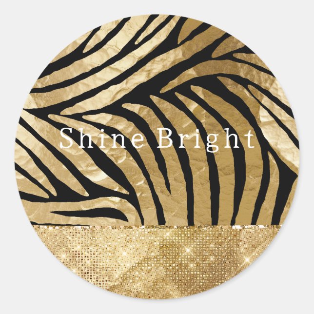 Pegatina Redonda Glam Gold Black Zebra Animal Glitzy Sparkle (Anverso)