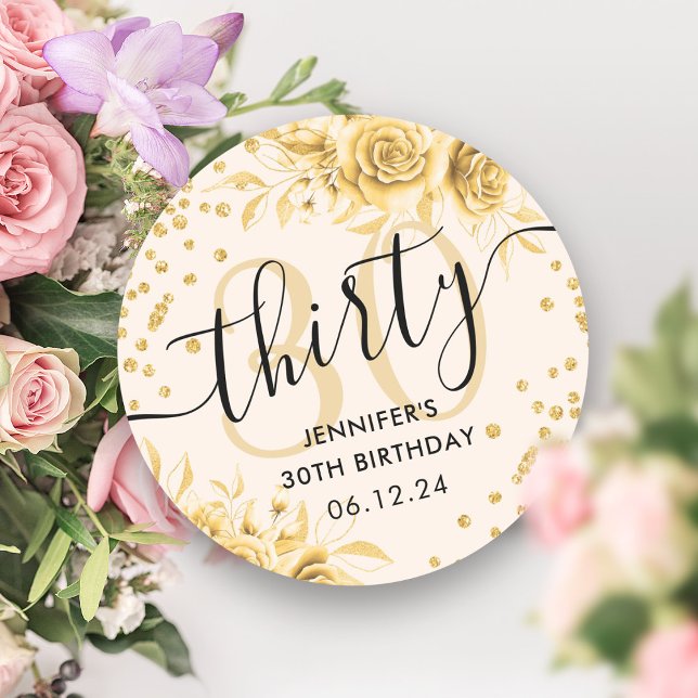 Pegatina Redonda Glam Gold Floral Purpurina 30.º guión de cumpleaño (Glam Gold Floral Glitter 30th Birthday Script Classic Round Sticker)