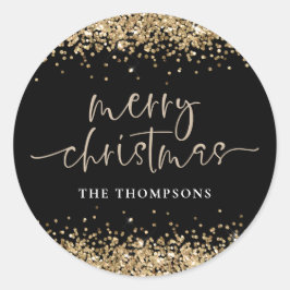 Pegatina Redonda Glam Gold Glitter Name Merry Christmas Black