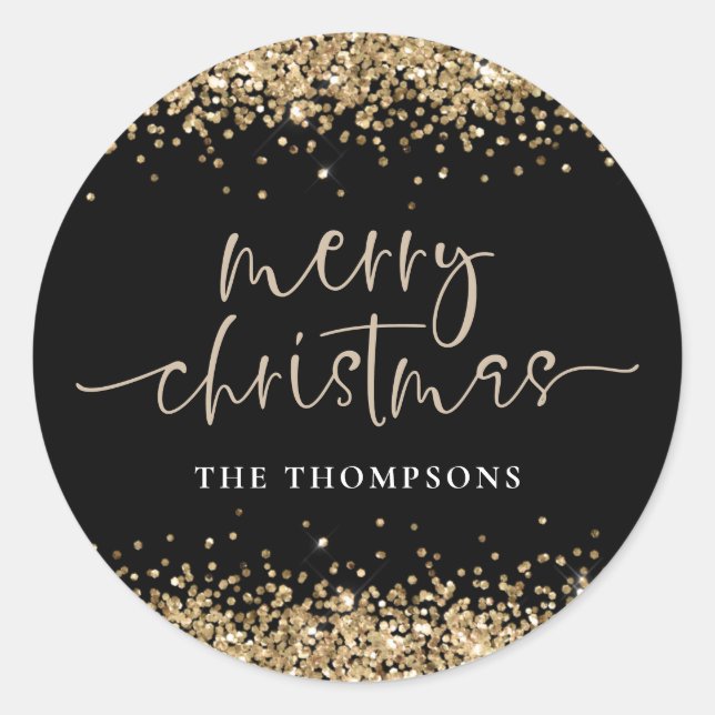 Pegatina Redonda Glam Gold Glitter Name Merry Christmas Black (Anverso)