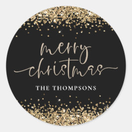 Pegatina Redonda Glam Gold Glitter Name Merry Christmas Black