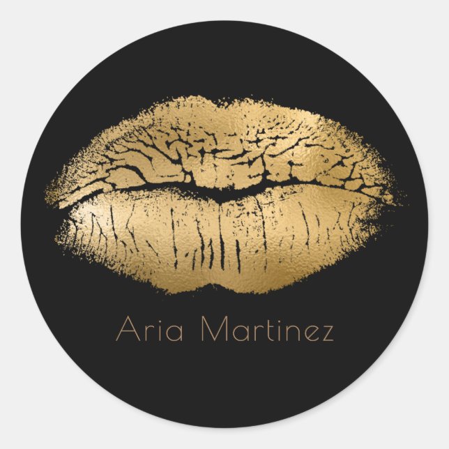 Pegatina Redonda Glam Gold Lips Kiss Maquillaje Negro Personalizado (Anverso)