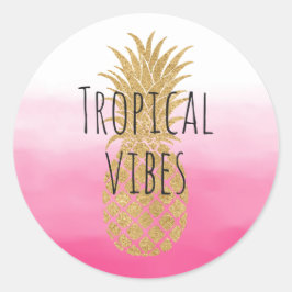 Pegatina Redonda Glam Gold Pineapple color de agua rosa Ombre