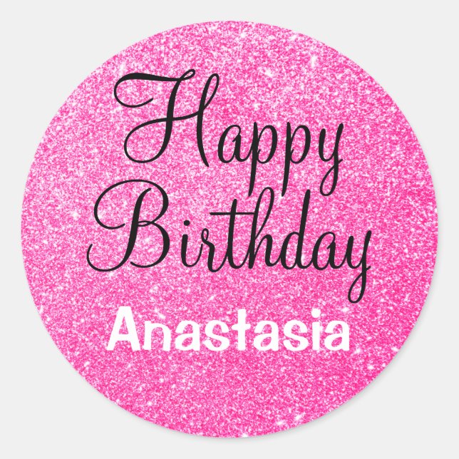 Pegatina Redonda Glam Happy Birday Hot Pink Purpurina Sparkle Name (Anverso)