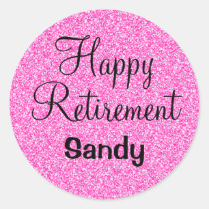 Pegatina Redonda Glam Happy Retirement Hot Pink Purpurina Sparkle