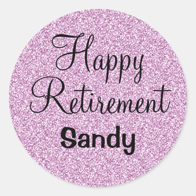 Pegatina Redonda Glam Happy Retirement Purple Purpurina Sparkle (Anverso)