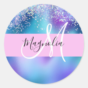 Pegatina Redonda Glam Holográfico Sirena Glitter Brillo Monograma