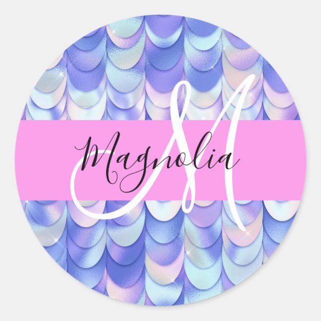 Pegatina Redonda Glam irlandescente Blue Mermaid Scales Nombre Mono (Anverso)