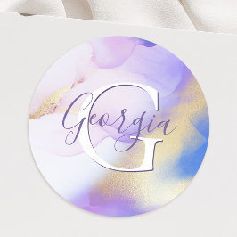 Pegatina Redonda Glam Lilac Gold Resumen Paint Elegante Monograma