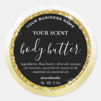 Pegatina Redonda Glam Marble Gold Purpurina Black Body Butter Etiqu