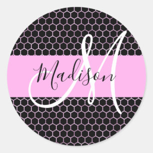 Pegatina Redonda Glam Negro Metálico Rosa Panal Monograma Nombre