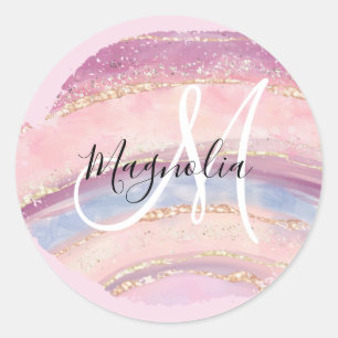 Pegatina Redonda Glam Oro Rosa Azul Monograma de Pincelada de Piedr