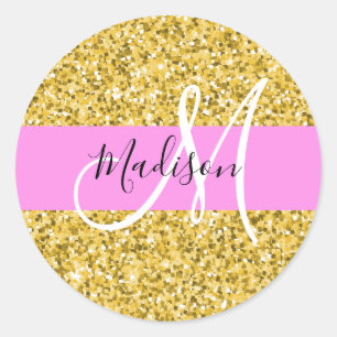 Pegatina Redonda Glam Pink and Gold Purpurina Sparkles Monograma No