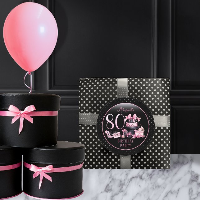 Pegatina Redonda Glam Pink Black Fashion 80th Birthday Party (Glam Pink and Black French Couture Fashion 80th Birthday Party Favor Stickers)