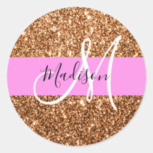 Pegatina Redonda Glam Pink & Copper Glitter Brillante Monograma Nom