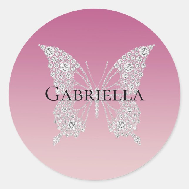Pegatina Redonda Glam Pink Faux Diamonds Butterfly (Anverso)