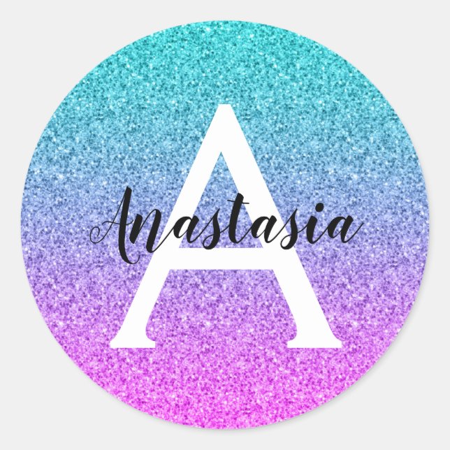 Pegatina Redonda Glam Purple Aqua Purpurina Sparkle Gradiente Monog (Anverso)