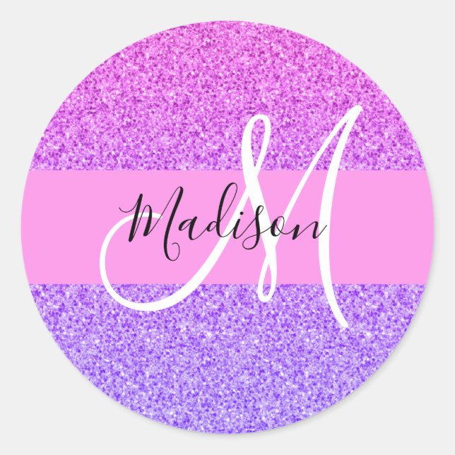 Pegatina Redonda Glam Púrpura Purpurina Rosa Gradiente de parkle Mo (Anverso)