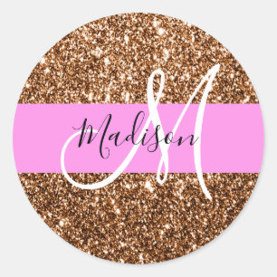 Pegatina Redonda Glam Purpurina rosa y bronce Sparkles Monograma No