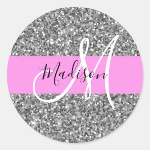 Pegatina Redonda Glam Purpurina rosado y plateado parkles Monograma