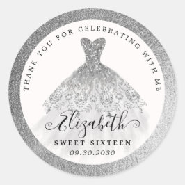 Pegatina Redonda Glam Silver Purpurina Vestido 16 cumpleaños Gracia