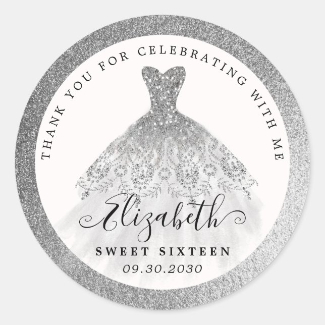 Pegatina Redonda Glam Silver Purpurina Vestido 16 cumpleaños Gracia (Anverso)