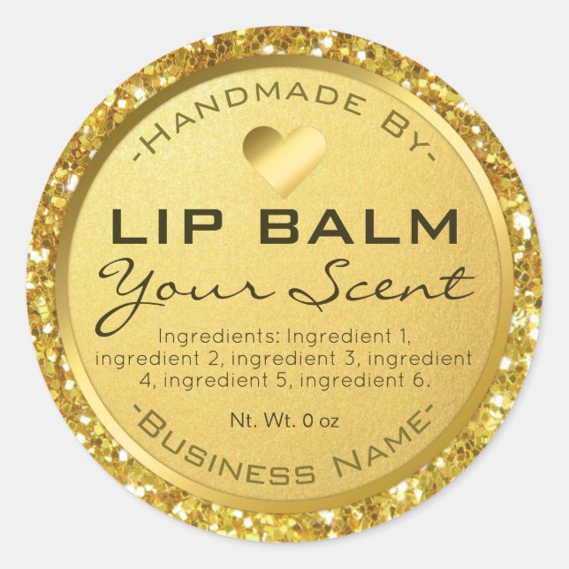 Pegatina Redonda Glam Sparkly Gold Purpurina Lip Balm (Anverso)