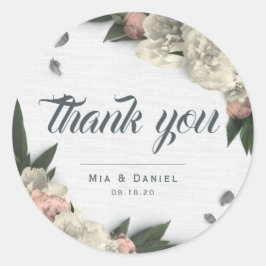 Pegatina Redonda Glamorosas Peonías florales blancas y de melocotón