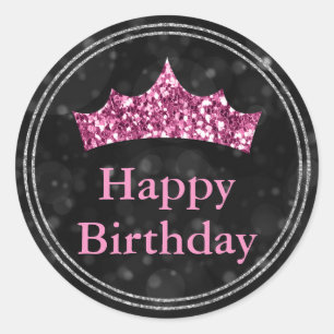 Pegatina Redonda Glamoroso Purpurina Rosa Crown Black Bokeh cumplea