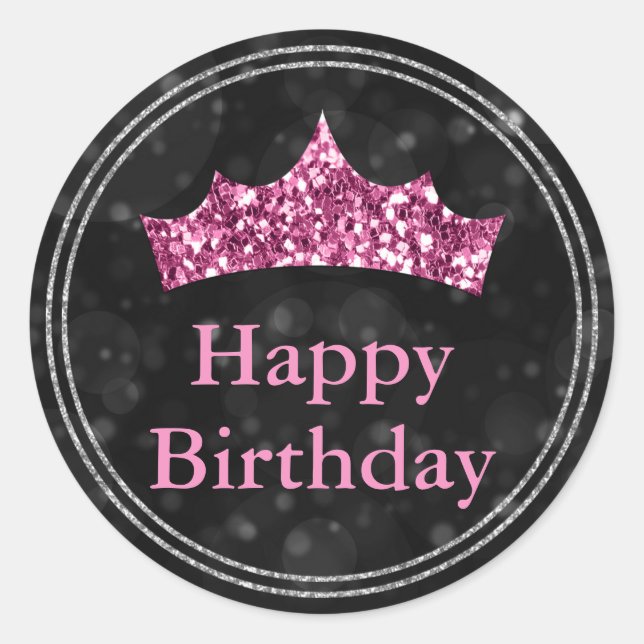 Pegatina Redonda Glamoroso Purpurina Rosa Crown Black Bokeh cumplea (Anverso)