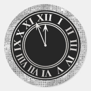 Pegatina Redonda Glamorosos diamantes plateados reloj de Año Nuevo