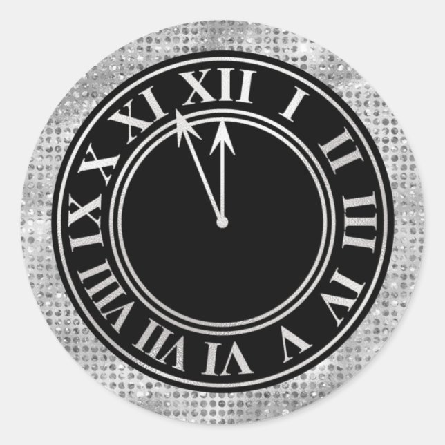 Pegatina Redonda Glamorosos diamantes plateados reloj de Año Nuevo (Anverso)