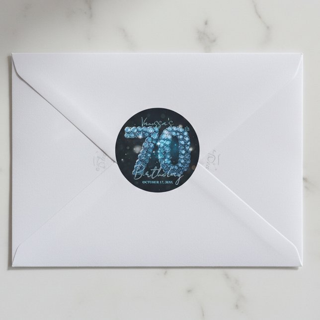 Pegatina Redonda Glamorous Elegant Teal Blue Diamonds 70th Birthday (Subido por el creador)
