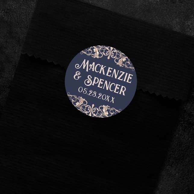 Pegatina Redonda Glamour Art Deco | Boda de oro de la Marina Blue R (Subido por el creador)