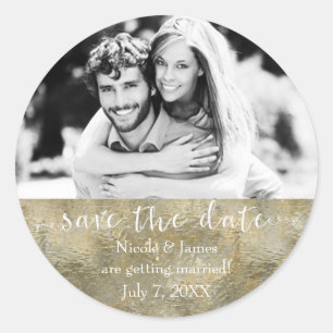 Pegatina Redonda Glamour Chic Oro Falso Hoja Save The Date Foto