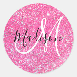 Pegatina Redonda Glamour Femenino Brillo Rosa Caliente Monograma No