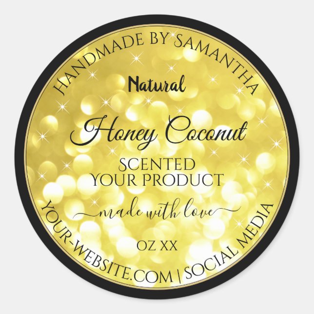 Pegatina Redonda Glamour Purpurina de espuma dorada amarillo Etique (Anverso)