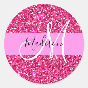 Pegatina Redonda Glamouroso nombre monograma con brillo rosa calien