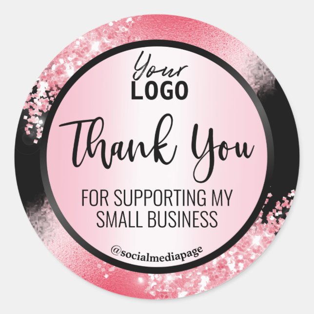 Pegatina Redonda Glamourous Black With Pink Purpurina Gracias Logo (Anverso)