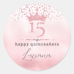 Pegatina Redonda Glamuroso Tiara de Purpurina Rosa Cumpleaños Quinc