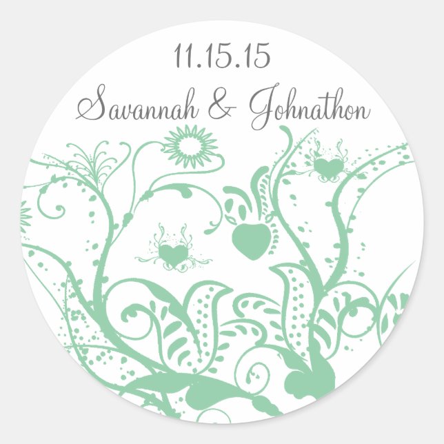 Pegatina Redonda Glass Green Love Bird Swirls Wedding Stickers (Anverso)