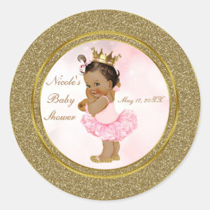 Pegatina Redonda Glitter de Oro Rosa Princesa Vintage Bebé Niña Mar