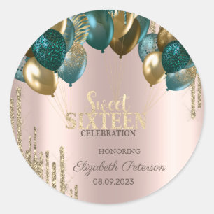 Pegatina Redonda Glitter Dorado Gotea Globos Rosa Dorado Dulces 16